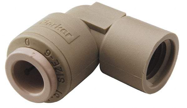 Parker - 3/8" Outside Diam, 3/8 NPTF, Acetal Push-to-Connect Tube Female Elbow - 300 Max psi, Tan - Apex Tool & Supply
