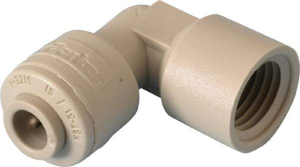 Parker - 1/4" Outside Diam, 1/4 NPTF, Acetal Push-to-Connect Tube Female Elbow - 300 Max psi, Tan - Apex Tool & Supply
