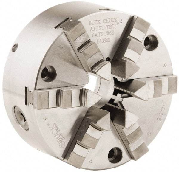 Buck Chuck Company - 6 Jaws, 12" Diam, Self Centering Manual Lathe Chuck - Front Mount, Adjustable, 1,725 Max RPM, 4.14" Through Hole Diam, Forged Steel - Apex Tool & Supply
