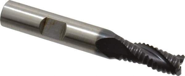 Accupro - 5/16" Diam, Coarse Pitch, 3/4" LOC, 3 Flute Powdered Metal Corner Chamfer Roughing End Mill - TiAlN Finish, 2-1/2" OAL, 3/8" Shank Diam, Single End, Centercutting, 30° Helix - Apex Tool & Supply