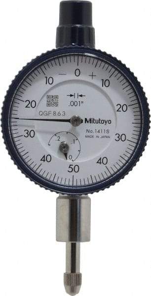 Mitutoyo - 1/4" Range, 0-50-0 Dial Reading, 0.001" Graduation Dial Drop Indicator - 1-5/8" Dial, 0.1" Range per Revolution, 0.001" Accuracy, Revolution Counter - Apex Tool & Supply