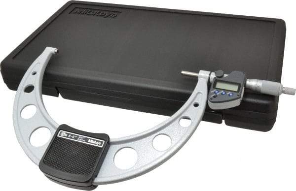 Mitutoyo - 8 to 9 Inch Range, 0.0001 Inch Resolution, Standard Throat, IP65 Electronic Outside Micrometer - 0.0002 Inch Accuracy, Ratchet Stop Thimble, Carbide Face, SR44 Battery, Data Output, Includes Certification of Inspection and Wooden Box - Apex Tool & Supply