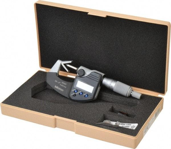 Mitutoyo - 0.05 to 0.6 Inch Measurement, Accuracy Up to 4 micro m, 3 Flutes Measured, Ratchet Stop Thimble, Electronic V Anvil Micrometer - 0.0001 Inch Resolution, Carbide, Data Output, SR44 Battery - Apex Tool & Supply