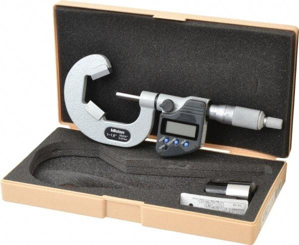 Mitutoyo - 1 to 1.6 Inch Measurement, Accuracy Up to 5 micro m, 3 Flutes Measured, Ratchet Stop Thimble, Electronic V Anvil Micrometer - 0.0001 Inch Resolution, Carbide, Data Output, SR44 Battery - Apex Tool & Supply