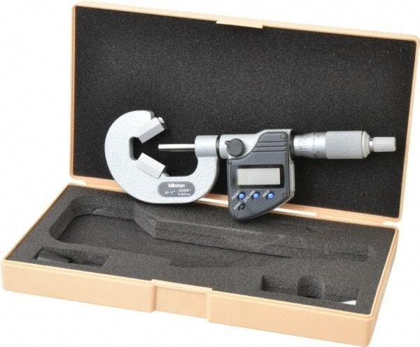 Mitutoyo - 0.4 to 1 Inch Measurement, Accuracy Up to 4 micro m, 3 Flutes Measured, Ratchet Stop Thimble, Electronic V Anvil Micrometer - 0.0001 Inch Resolution, Carbide, Data Output, SR44 Battery - Apex Tool & Supply