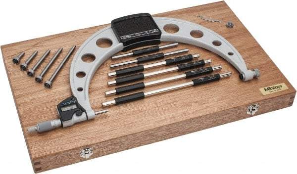 Mitutoyo - 6 Anvil, Electronic, 6 to 12 Inch Range, Carbide Face Interchangeable Anvil Micrometer - Ratchet Stop Thimble, 0.0001 Inch Resolution, 0.00016 + 0.00004 (L/3) Inch Accuracy, SR44 Battey, Includes 6 Anvils, 6 Standards and Fitted Wooden Case - Apex Tool & Supply
