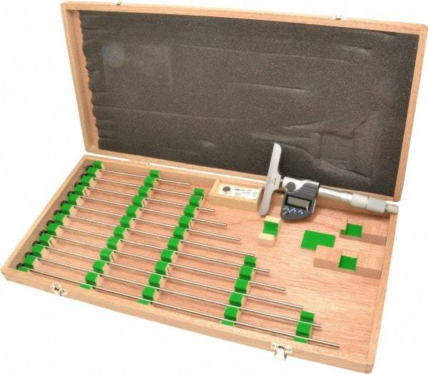 Mitutoyo - 0 to 304.8mm Range, 4" Base Length, 12 Rods, Ratchet Stop Thimble, Electronic Depth Micrometer - No Water Resistance Rating, 0.00005" Resolution, Accurate to 0.00012", 0.157" Rod Diam, SR44 Battery, Data Output - Apex Tool & Supply