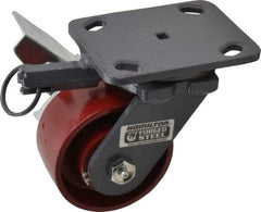Hamilton - 4" Diam x 2" Wide x 5-5/8" OAH Top Plate Mount Swivel Caster with Brake - Cast Iron, 1,000 Lb Capacity, Roller Bearing, 4 x 5" Plate - Apex Tool & Supply