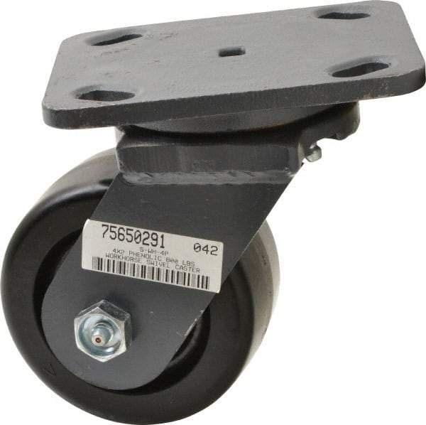 Hamilton - 4" Diam x 2" Wide x 5-5/8" OAH Top Plate Mount Swivel Caster - Phenolic, 800 Lb Capacity, Roller Bearing, 4 x 5" Plate - Apex Tool & Supply