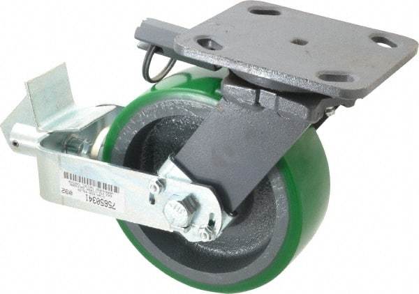 Hamilton - 6" Diam x 2" Wide x 7-1/2" OAH Top Plate Mount Swivel Caster with Brake - Polyurethane, 1,200 Lb Capacity, Precision Sealed Bearing, 4 x 5" Plate - Apex Tool & Supply