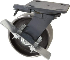 Hamilton - 6" Diam x 2" Wide x 7-1/2" OAH Top Plate Mount Swivel Caster with Brake - Forged Steel, 2,000 Lb Capacity, Roller Bearing, 4 x 5" Plate - Apex Tool & Supply