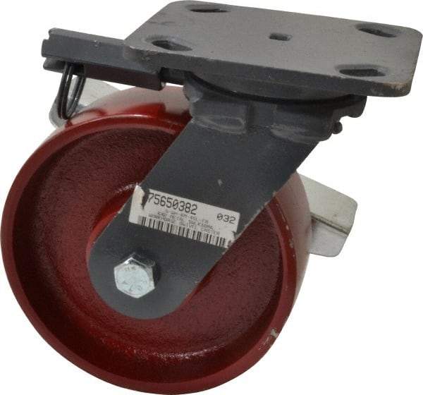 Hamilton - 6" Diam x 2" Wide x 7-1/2" OAH Top Plate Mount Swivel Caster with Brake - Cast Iron, 1,400 Lb Capacity, Roller Bearing, 4 x 5" Plate - Apex Tool & Supply