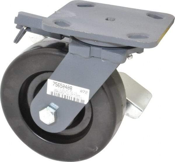 Hamilton - 6" Diam x 2" Wide x 7-1/2" OAH Top Plate Mount Swivel Caster with Brake - Phenolic, 1,200 Lb Capacity, Roller Bearing, 4 x 5" Plate - Apex Tool & Supply