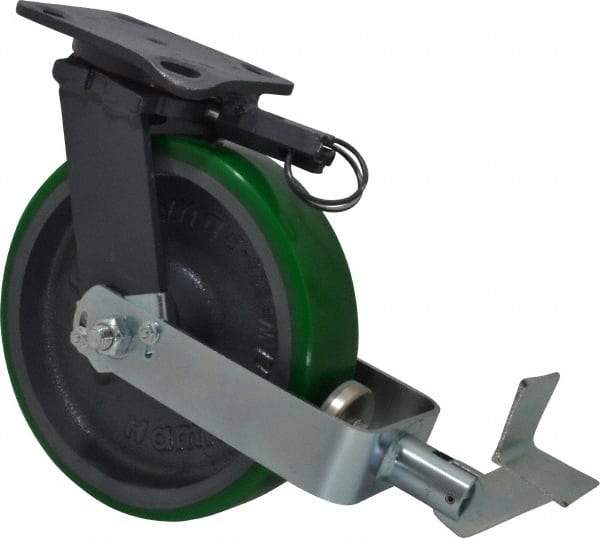 Hamilton - 8" Diam x 2" Wide x 9-1/2" OAH Top Plate Mount Swivel Caster with Brake - Polyurethane, 1,500 Lb Capacity, Precision Sealed Bearing, 4 x 5" Plate - Apex Tool & Supply