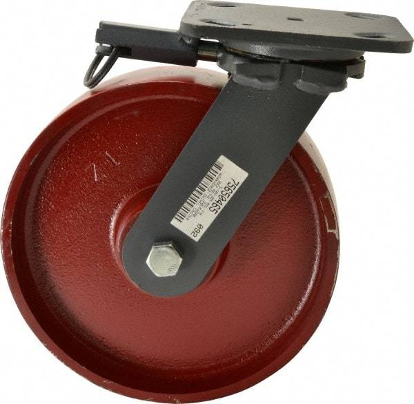 Hamilton - 8" Diam x 2" Wide x 9-1/2" OAH Top Plate Mount Swivel Caster with Brake - Cast Iron, 1,500 Lb Capacity, Roller Bearing, 4 x 5" Plate - Apex Tool & Supply