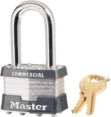 Master Lock - 1-1/2" Shackle Clearance, Keyed Different Laminated Steel Padlock - 5/16" Shackle Diam, Steel - Apex Tool & Supply