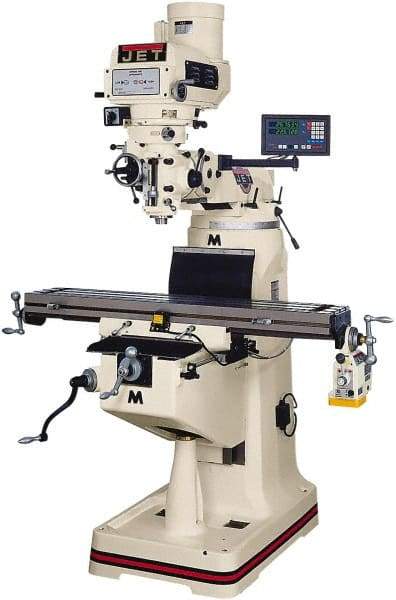 Jet - 9" Table Width x 42" Table Length, Variable Speed Pulley Control, 3 Phase Knee Milling Machine - R8 Spindle Taper, 3 hp - Apex Tool & Supply