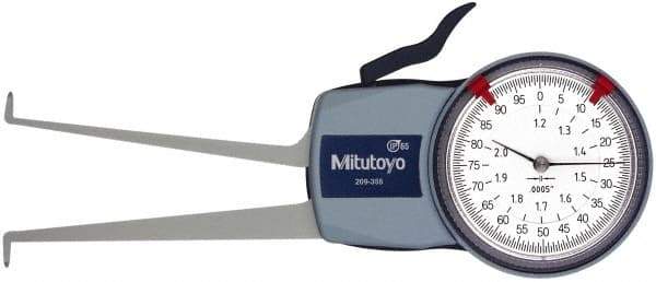 Mitutoyo - 1.2 to 2" Inside Dial Caliper Gage - 0.0005" Graduation, 0.0015" Accuracy, 3.3" Leg Length, 0.26" Deep x 0.06" Wide Groove, Ball Contact Points - Apex Tool & Supply