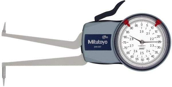 Mitutoyo - 2 to 2.8" Inside Dial Caliper Gage - 0.0005" Graduation, 0.0015" Accuracy, 3.3" Leg Length, 0.31" Deep x 0.06" Wide Groove, Ball Contact Points - Apex Tool & Supply