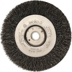 Weiler - 4" OD, 1/2" Arbor Hole, Crimped Steel Wheel Brush - 1/2" Face Width, 7/8" Trim Length, 0.008" Filament Diam, 12,500 RPM - Apex Tool & Supply