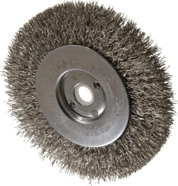 Weiler - 4" OD, 1/2" Arbor Hole, Crimped Stainless Steel Wheel Brush - 1/2" Face Width, 7/8" Trim Length, 0.0118" Filament Diam, 12,500 RPM - Apex Tool & Supply