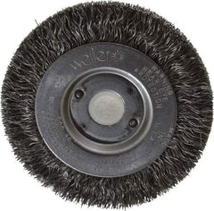 Weiler - 3" OD, 1/2" Arbor Hole, Crimped Steel Wheel Brush - 7/16" Face Width, 1/2" Trim Length, 0.0118" Filament Diam, 12,500 RPM - Apex Tool & Supply