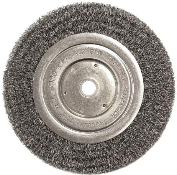 Weiler - 6" OD, 5/8" Arbor Hole, Crimped Steel Wheel Brush - 1/2" Face Width, 1-1/16" Trim Length, 0.0118" Filament Diam, 6,000 RPM - Apex Tool & Supply