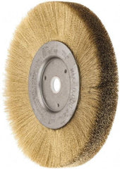 Weiler - 6" OD, 5/8" Arbor Hole, Crimped Brass Wheel Brush - 1/2" Face Width, 1-1/16" Trim Length, 0.005" Filament Diam, 6,000 RPM - Apex Tool & Supply