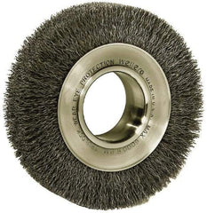 Weiler - 6" OD, 2" Arbor Hole, Crimped Steel Wheel Brush - 1-1/4" Face Width, 1-1/8" Trim Length, 0.006" Filament Diam, 6,000 RPM - Apex Tool & Supply