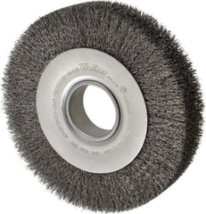 Weiler - 8" OD, 2" Arbor Hole, Crimped Steel Wheel Brush - 1-1/2" Face Width, 1-3/8" Trim Length, 0.014" Filament Diam, 4,500 RPM - Apex Tool & Supply