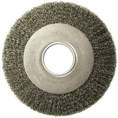 Weiler - 6" OD, 2" Arbor Hole, Crimped Steel Wheel Brush - 1" Face Width, 1-1/8" Trim Length, 0.006" Filament Diam, 6,000 RPM - Apex Tool & Supply