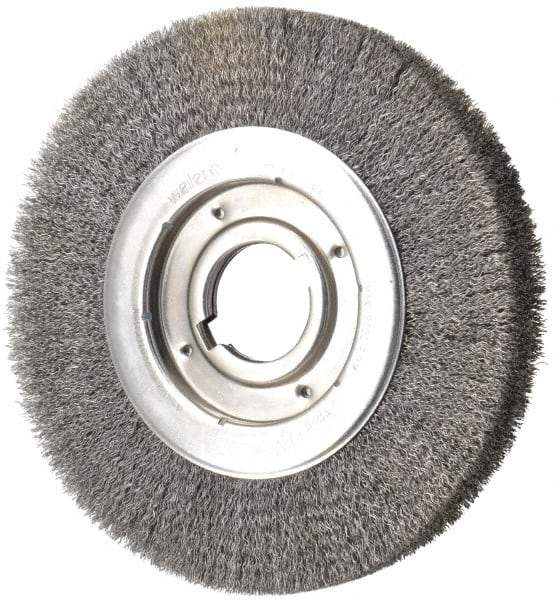 Weiler - 10" OD, 2" Arbor Hole, Crimped Steel Wheel Brush - 1-1/8" Face Width, 2" Trim Length, 0.0118" Filament Diam, 3,600 RPM - Apex Tool & Supply