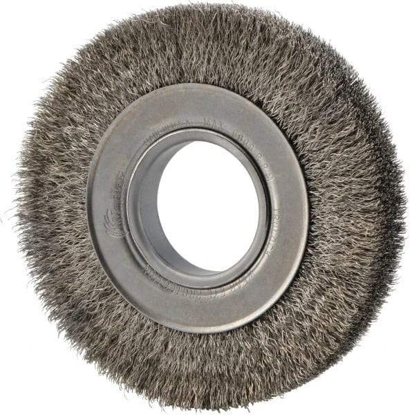 Weiler - 6" OD, 2" Arbor Hole, Crimped Stainless Steel Wheel Brush - 1" Face Width, 1-1/8" Trim Length, 0.0104" Filament Diam, 6,000 RPM - Apex Tool & Supply