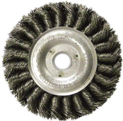 Weiler - 4" OD, 5/8" Arbor Hole, Knotted Steel Wheel Brush - 1/2" Face Width, 7/8" Trim Length, 0.014" Filament Diam, 20,000 RPM - Apex Tool & Supply