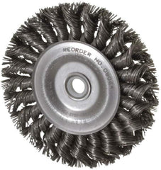 Weiler - 4" OD, 1/2" Arbor Hole, Knotted Steel Wheel Brush - 1/2" Face Width, 7/8" Trim Length, 0.02" Filament Diam, 20,000 RPM - Apex Tool & Supply