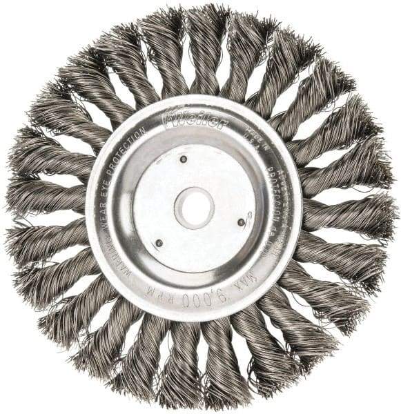 Weiler - 6" OD, 5/8" Arbor Hole, Knotted Steel Wheel Brush - 1/2" Face Width, 1-3/8" Trim Length, 0.016" Filament Diam, 9,000 RPM - Apex Tool & Supply