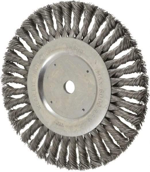 Weiler - 8" OD, 5/8" Arbor Hole, Knotted Steel Wheel Brush - 5/8" Face Width, 1-5/8" Trim Length, 0.023" Filament Diam, 6,000 RPM - Apex Tool & Supply