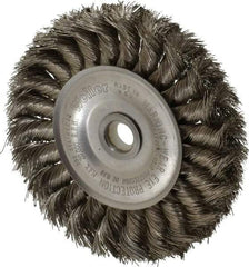 Weiler - 4" OD, 1/2" Arbor Hole, Knotted Stainless Steel Wheel Brush - 1/2" Face Width, 7/8" Trim Length, 0.0118" Filament Diam, 20,000 RPM - Apex Tool & Supply