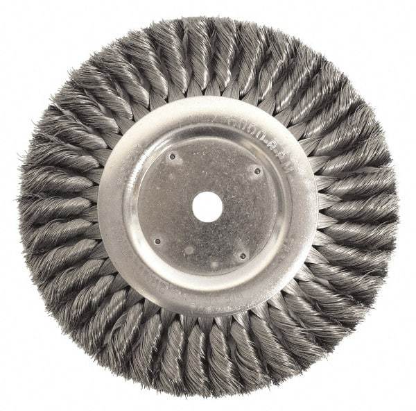 Weiler - 8" OD, 2" Arbor Hole, Knotted Steel Wheel Brush - 1" Face Width, 1-5/8" Trim Length, 0.0118" Filament Diam, 6,000 RPM - Apex Tool & Supply