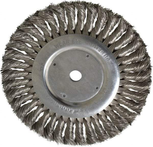 Weiler - 8" OD, 5/8" Arbor Hole, Knotted Stainless Steel Wheel Brush - 5/8" Face Width, 1-5/8" Trim Length, 0.016" Filament Diam, 6,000 RPM - Apex Tool & Supply