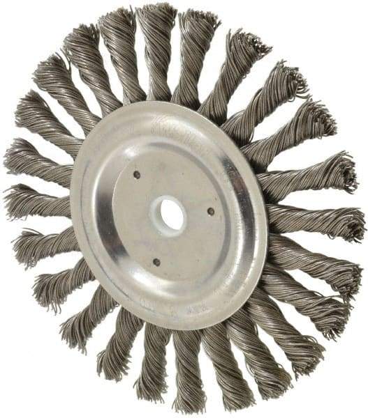 Weiler - 6" OD, 5/8" Arbor Hole, Knotted Steel Wheel Brush - 3/8" Face Width, 1-3/8" Trim Length, 0.023" Filament Diam, 9,000 RPM - Apex Tool & Supply
