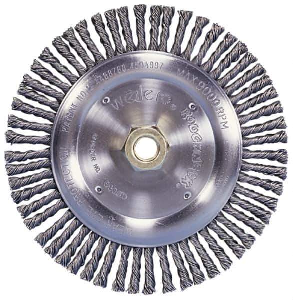 Weiler - 10" OD, 1-1/4" Arbor Hole, Knotted Steel Wheel Brush - 3/4" Face Width, 1-3/4" Trim Length, 0.014" Filament Diam, 4,500 RPM - Apex Tool & Supply