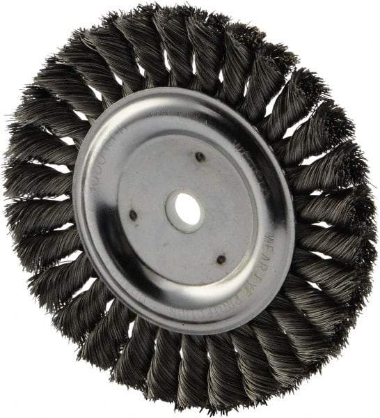 Weiler - 6" OD, 5/8" Arbor Hole, Knotted Steel Wheel Brush - 5/8" Face Width, 1-1/4" Trim Length, 0.016" Filament Diam, 9,000 RPM - Apex Tool & Supply