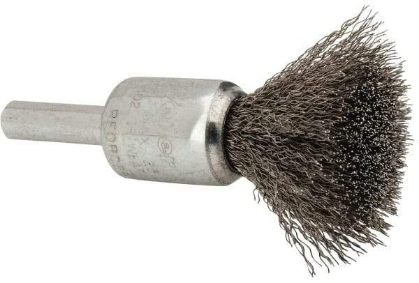 Weiler - 1/2" Brush Diam, Crimped, End Brush - 1/4" Diam Steel Shank, 25,000 Max RPM - Apex Tool & Supply