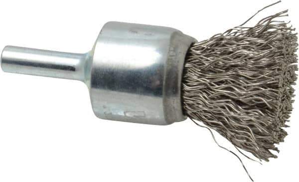 Weiler - 3/4" Brush Diam, Crimped, End Brush - 1/4" Diam Steel Shank, 22,000 Max RPM - Apex Tool & Supply