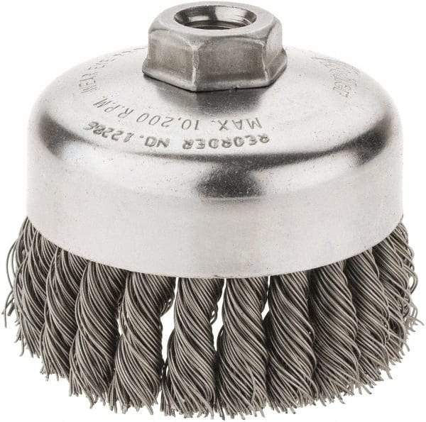 Weiler - 4" Diam, 5/8-11 Threaded Arbor, Steel Fill Cup Brush - 0.023 Wire Diam, 1-1/4" Trim Length, 9,000 Max RPM - Apex Tool & Supply