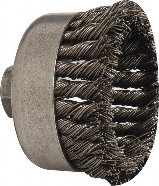 Weiler - 4" Diam, 5/8-11 Threaded Arbor, Steel Fill Cup Brush - 0.035 Wire Diam, 1-1/4" Trim Length, 9,000 Max RPM - Apex Tool & Supply