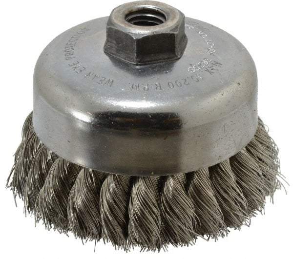 Weiler - 4" Diam, 5/8-11 Threaded Arbor, Stainless Steel Fill Cup Brush - 0.014 Wire Diam, 1-1/4" Trim Length, 9,000 Max RPM - Apex Tool & Supply