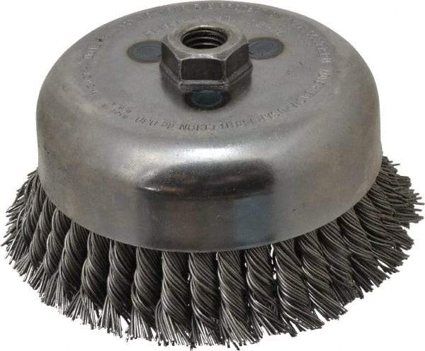 Weiler - 6" Diam, 5/8-11 Threaded Arbor, Steel Fill Cup Brush - 0.035 Wire Diam, 1-3/8" Trim Length, 6,600 Max RPM - Apex Tool & Supply