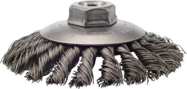 Weiler - 4-1/2" OD, 5/8-11 Arbor Hole, Knotted Steel Wheel Brush - 3/8" Face Width, 1" Trim Length, 0.02" Filament Diam, 12,500 RPM - Apex Tool & Supply